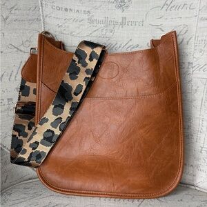 Brown Vegan Leather Crossbody Bag with Leopard Strap